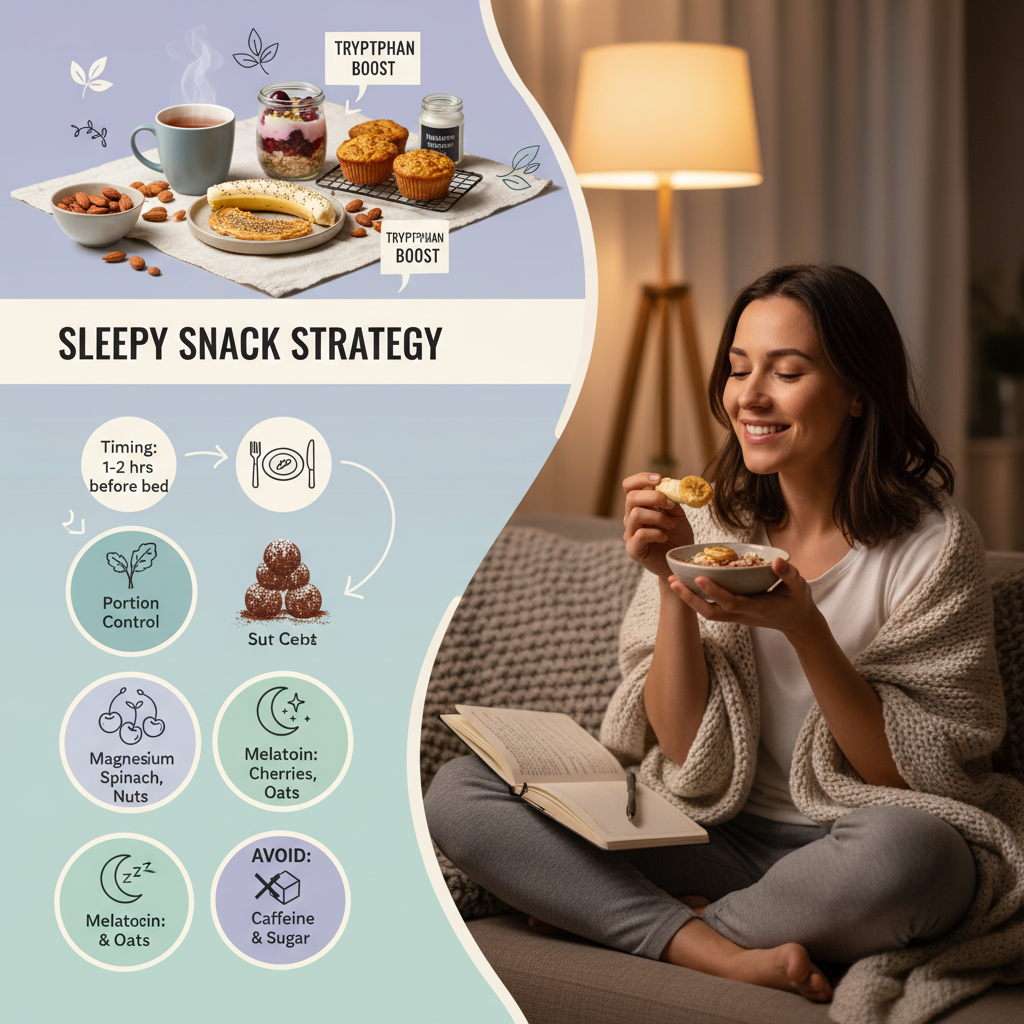 A warm, personal scene depicting someone enjoying their favorite sleep-promoting snack (banana with almond butter) in a relaxed evening environment, conveying the personal story of discovering the perfect sleep snack.