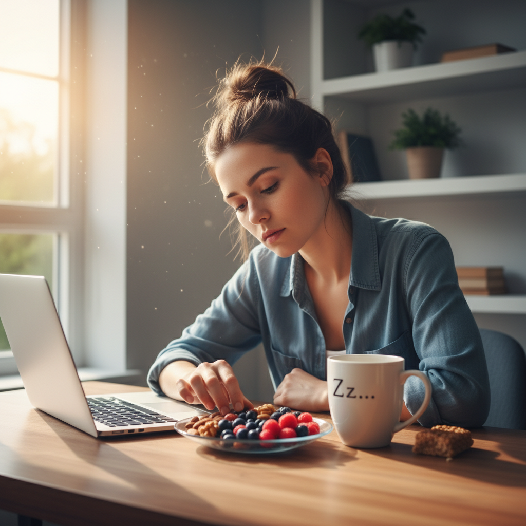 A cozy, personal snack moment featuring a person enjoying apple slices dipped in almond butter alongside a small piece of dark chocolate