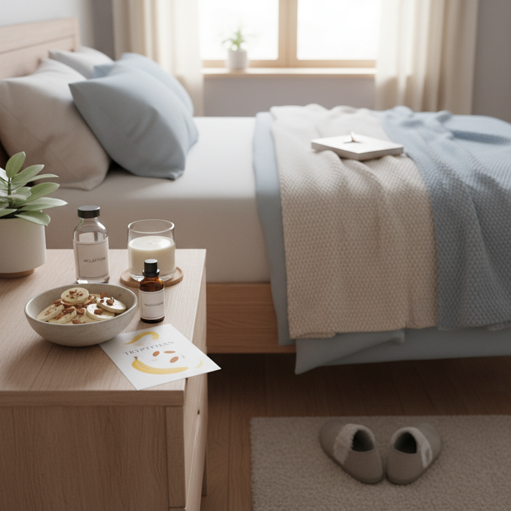 An infographic-style image illustrating practical tips for sleep-friendly evening snacks, such as snack timing, portion control, balancing proteins and carbs, magnesium-rich foods, melatonin sources, and avoiding caffeine and sugar, using icons and calming colors.