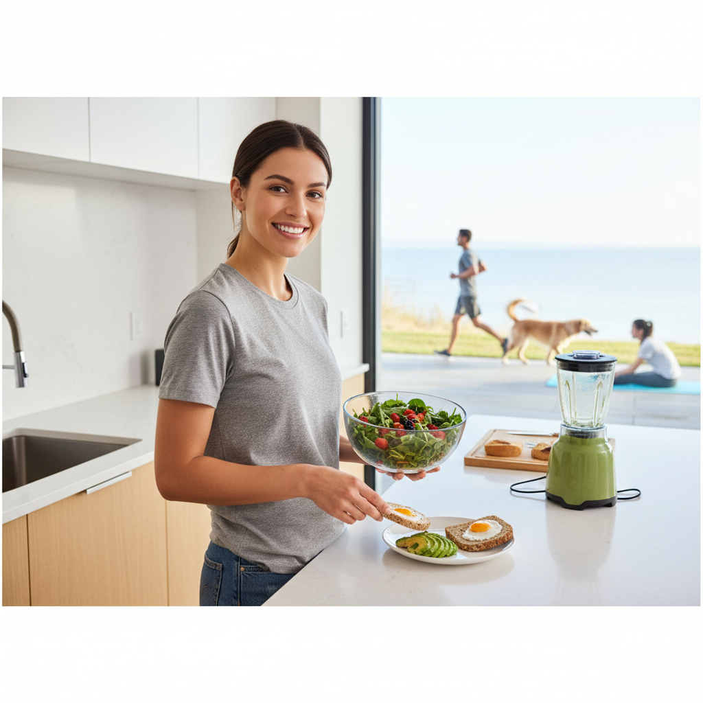A warm, personal scene showing someone practicing mindful breathing in the morning, possibly joined by family members participating in a shared healthy ritual.