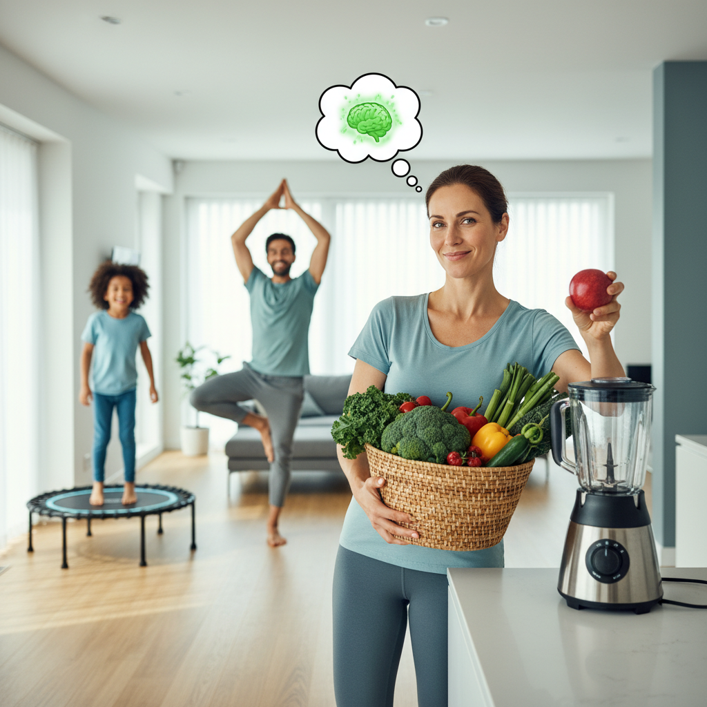 An illustration representing why healthy habit formation matters: a person confidently choosing healthy foods and engaging in daily wellness activities, with a calm and energized atmosphere.