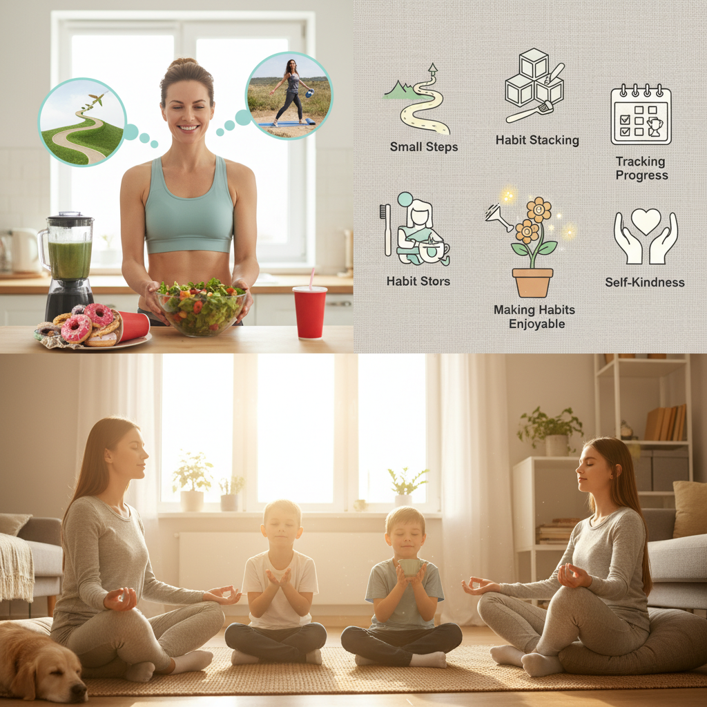 A visual depiction of key principles to build lasting wellness habits: small steps, habit stacking, making habits enjoyable, tracking progress, and self-kindness, shown through symbolic icons or scenes.