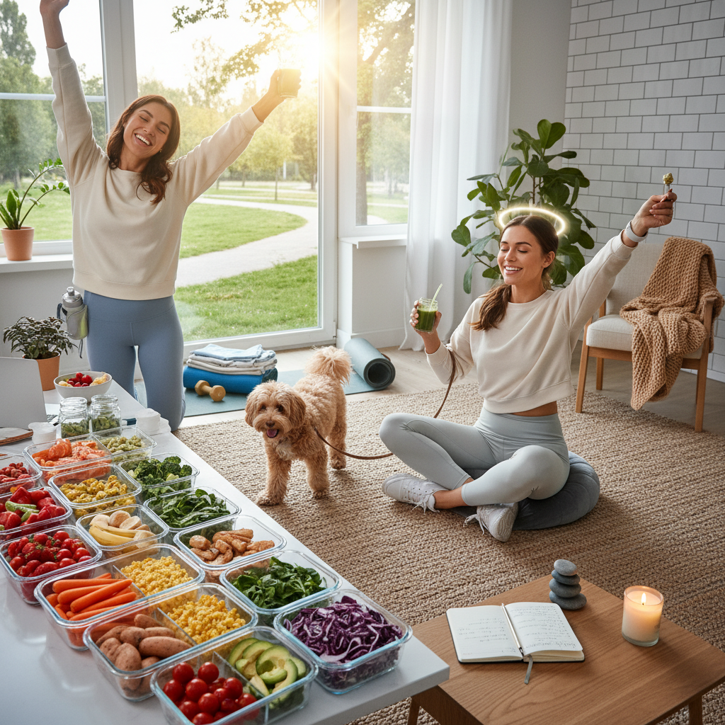 An illustration of a person happily making small healthy lifestyle changes, showing improved energy and well-being in a cozy home environment.