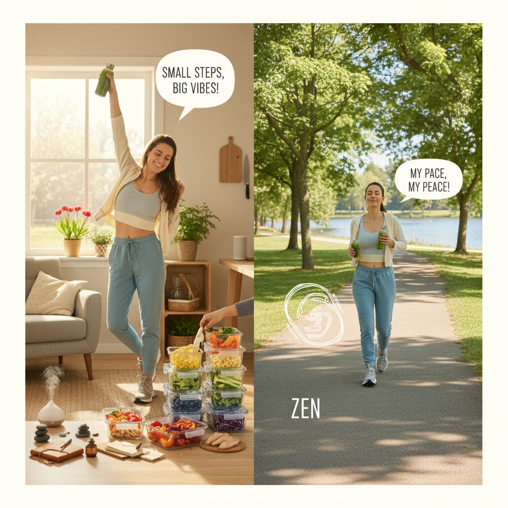 A person walking outdoors in a park setting, enjoying a manageable fitness routine with natural light and greenery around.