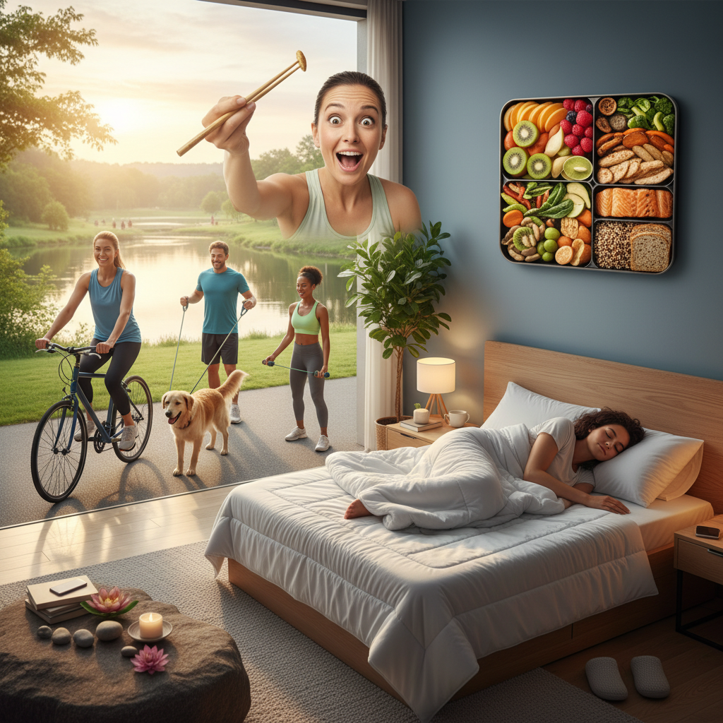 Illustration of balanced, nutritious eating featuring fresh fruits, vegetables, whole grains, lean proteins, and healthy fats arranged on a colorful plate or meal prep containers.