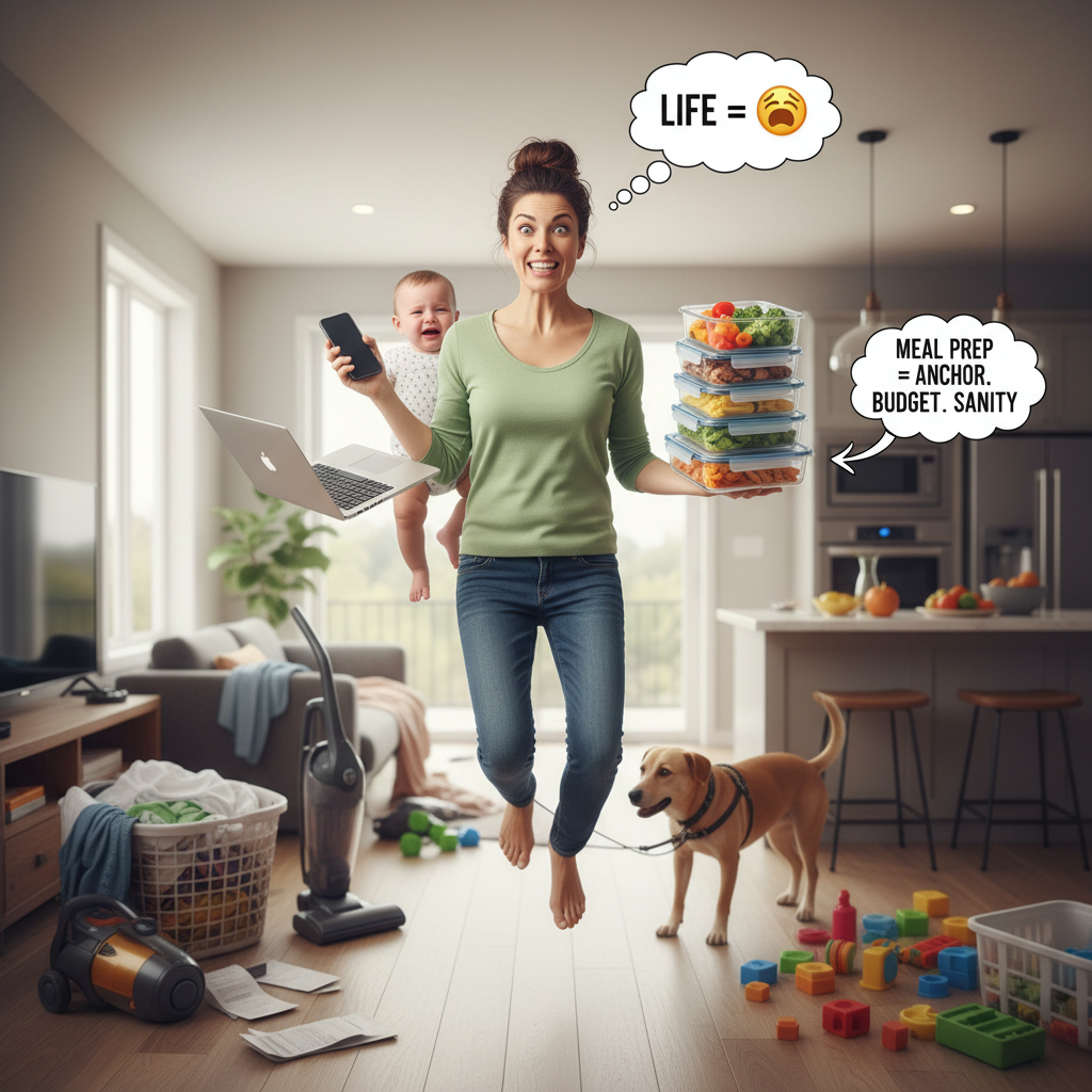 Personal and cozy kitchen scene showing a person preparing meals with a mix of comfort foods and healthy dishes, highlighting the practical and balanced approach of meal prepping.