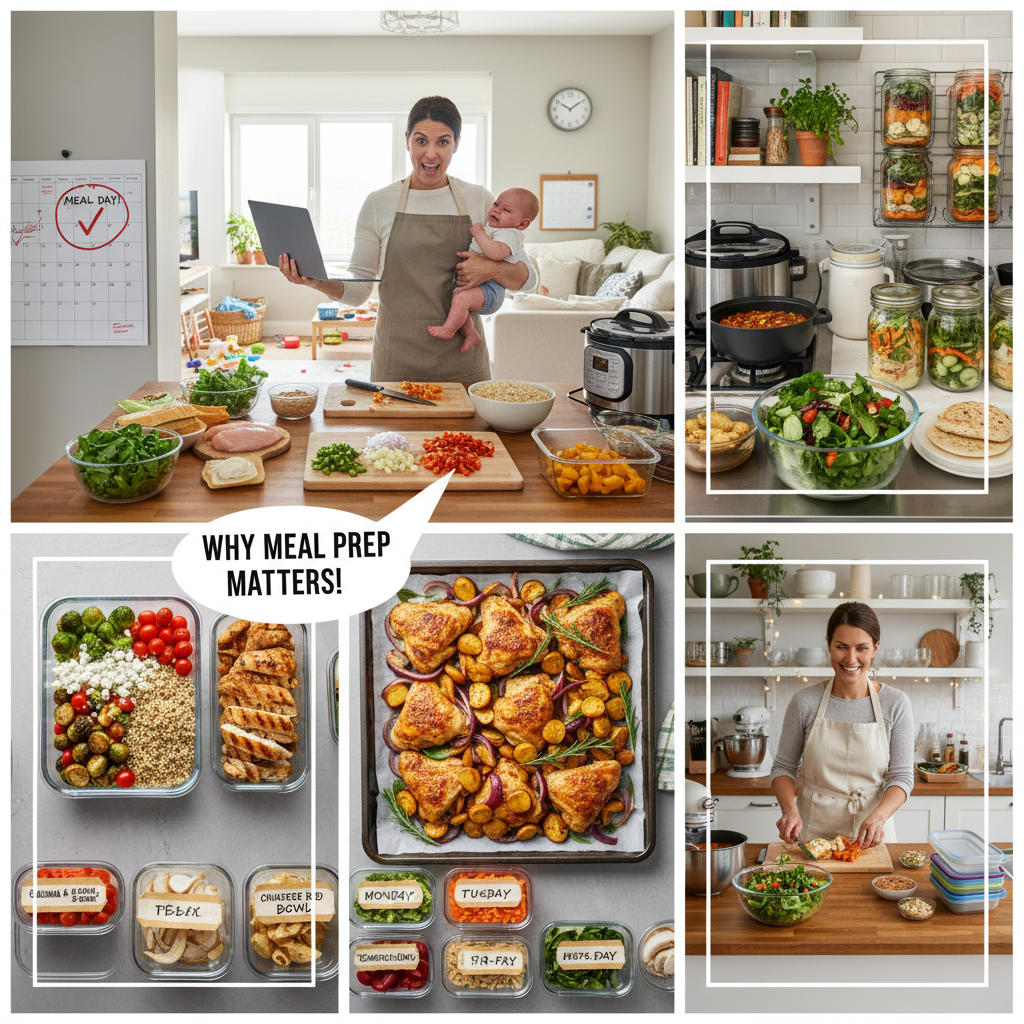 Illustration of a busy person juggling work, family, and daily tasks with healthy meal prep containers ready, symbolizing why meal prep matters when life gets busy.