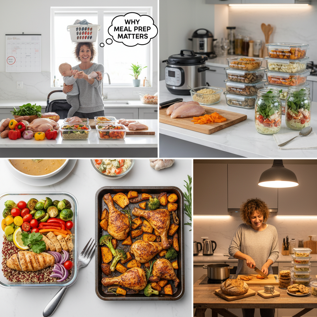 Visual representation of top healthy meal prep tips: a calendar marking a prep day, simple ingredients, overlapping versatile foods, kitchen tools like Instant Pot and slow cooker, and labeled storage containers.