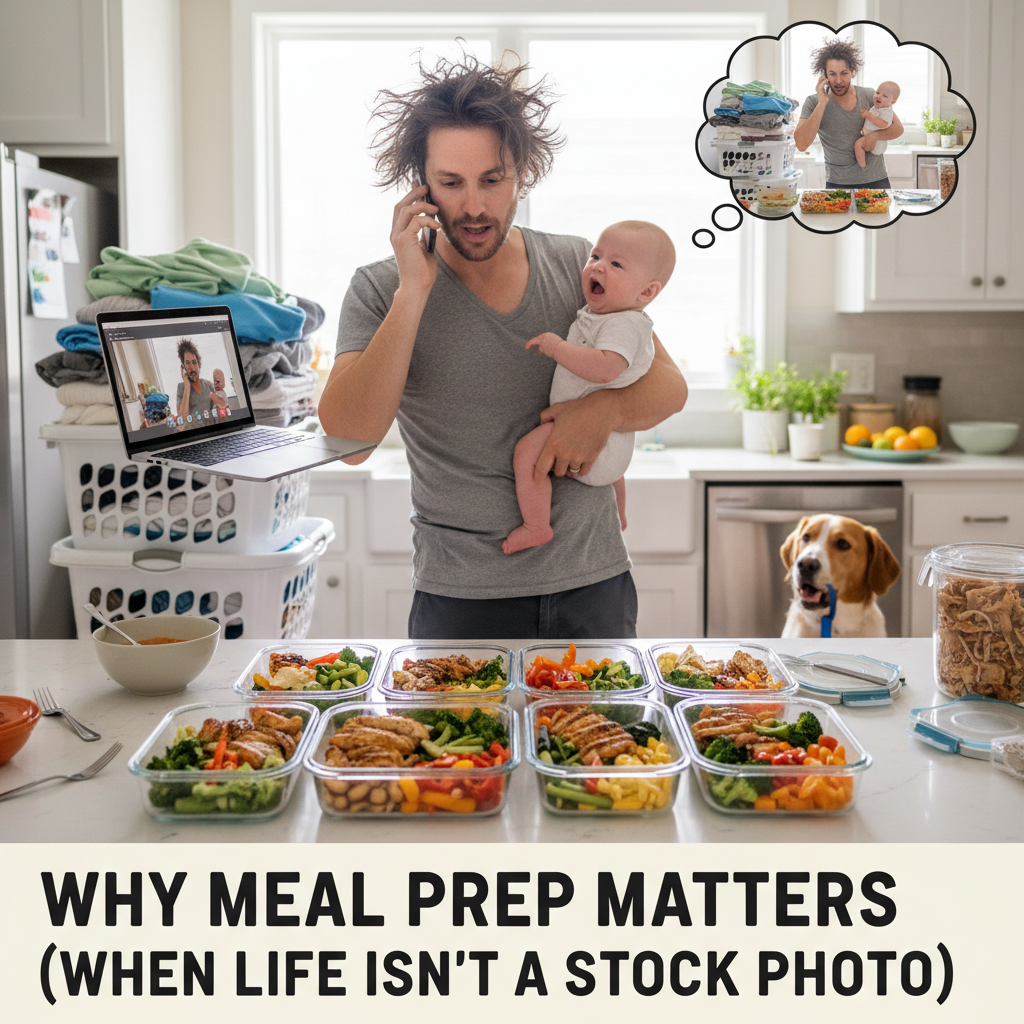 Colorful, appetizing images of easy healthy meal prep recipes: quinoa and roasted veggie bowl, chicken and sweet potato sheet pan dinner, and mason jar salads for on-the-go lunches.