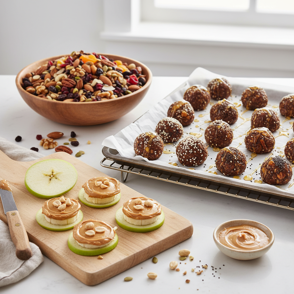 Close-up of no-bake energy balls made from dates, nuts (walnuts, pecans, almonds), chia or sesame seeds, and nut butter, arranged in a rustic bowl, displaying their bite-size portions and creamy texture.