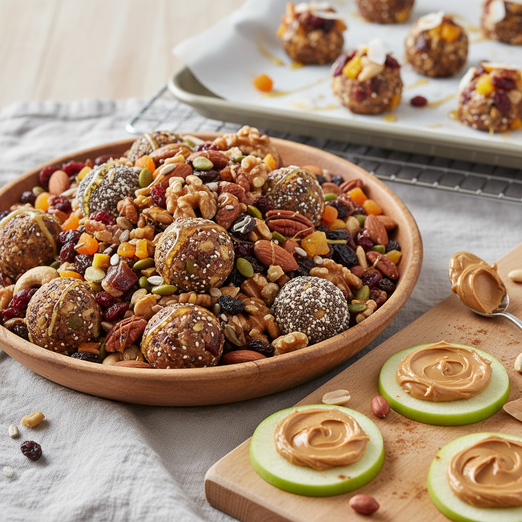 A simple yet appealing image of sliced apple or banana topped with creamy peanut or almond butter, placed on a wooden board, emphasizing the fresh fruit slices paired with nut butter.