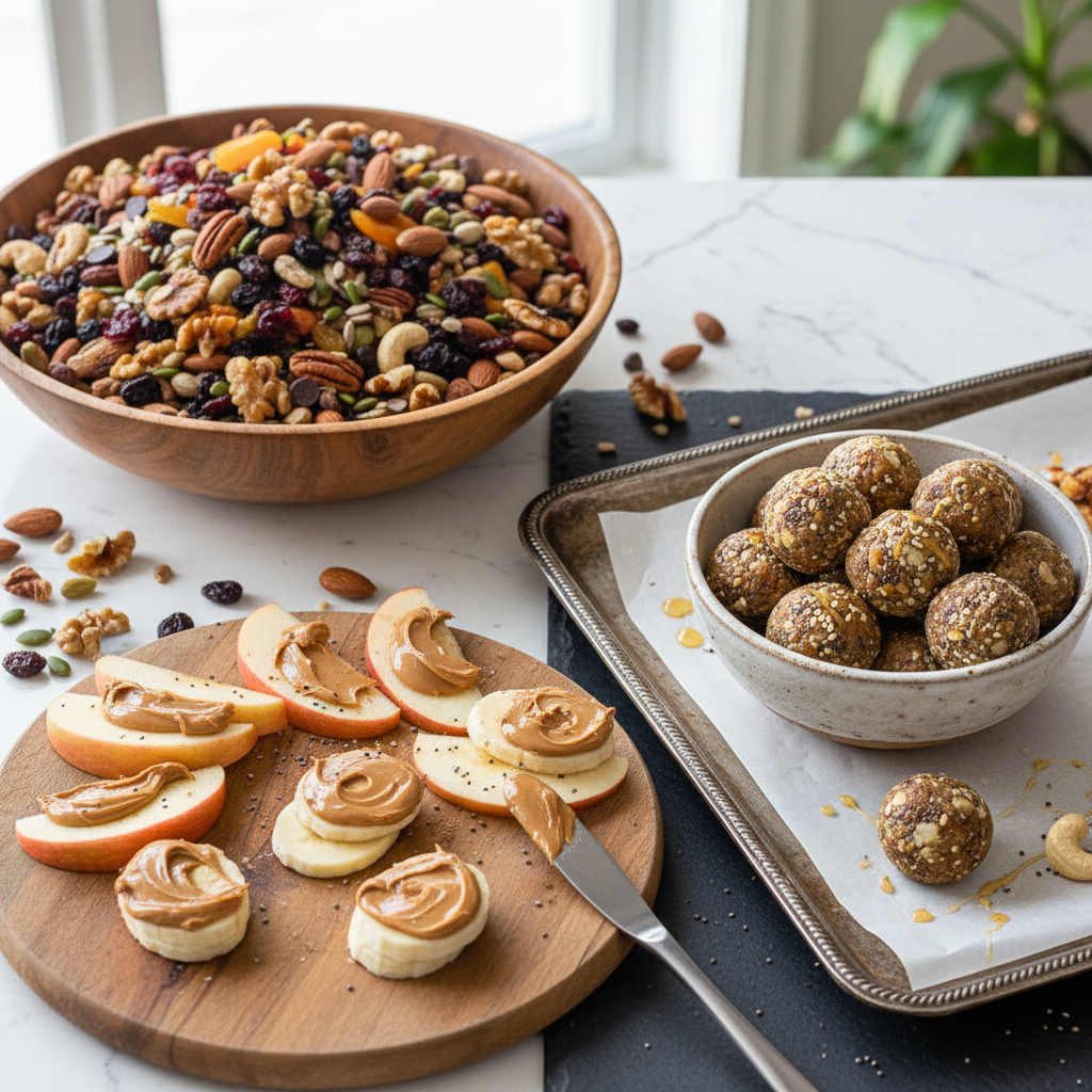 An inviting image of fruit and nut clusters made from chopped dried fruits, nuts, coconut flakes, drizzled with honey or maple syrup, laid out on a tray ready to chill, highlighting their crunchy, sweet texture.
