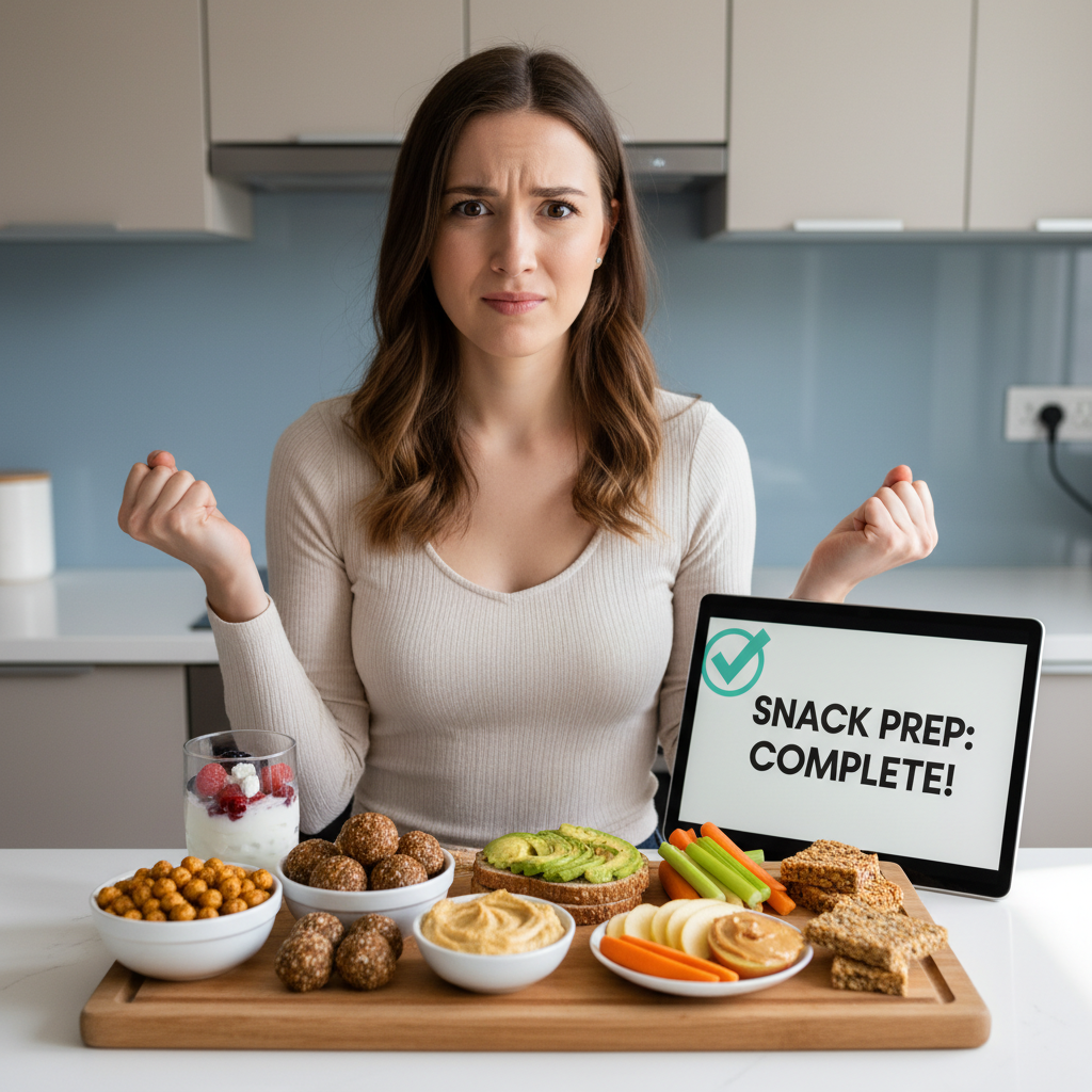 A detailed, colorful image of the seven featured healthy snack recipes: Greek yogurt and berry parfait, roasted chickpeas, whole grain energy balls, veggie sticks with homemade hummus, avocado toast on whole grain bread, apple slices with nut butter, and homemade granola bars, presented attractively on a table.
