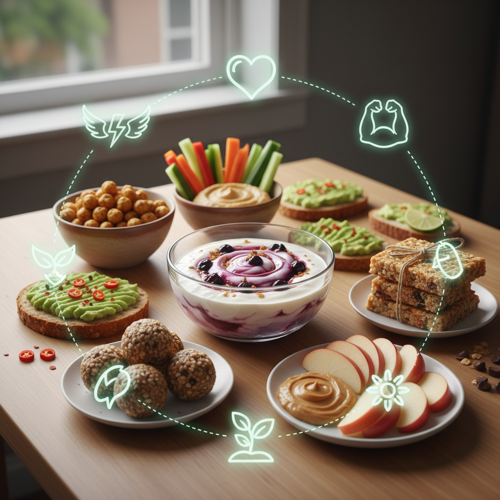 An energetic and vibrant illustration showing a variety of healthy snacks like nuts, fruits, and yogurt surrounded by icons representing energy and wellness, to represent the introduction and importance of healthy snacks.