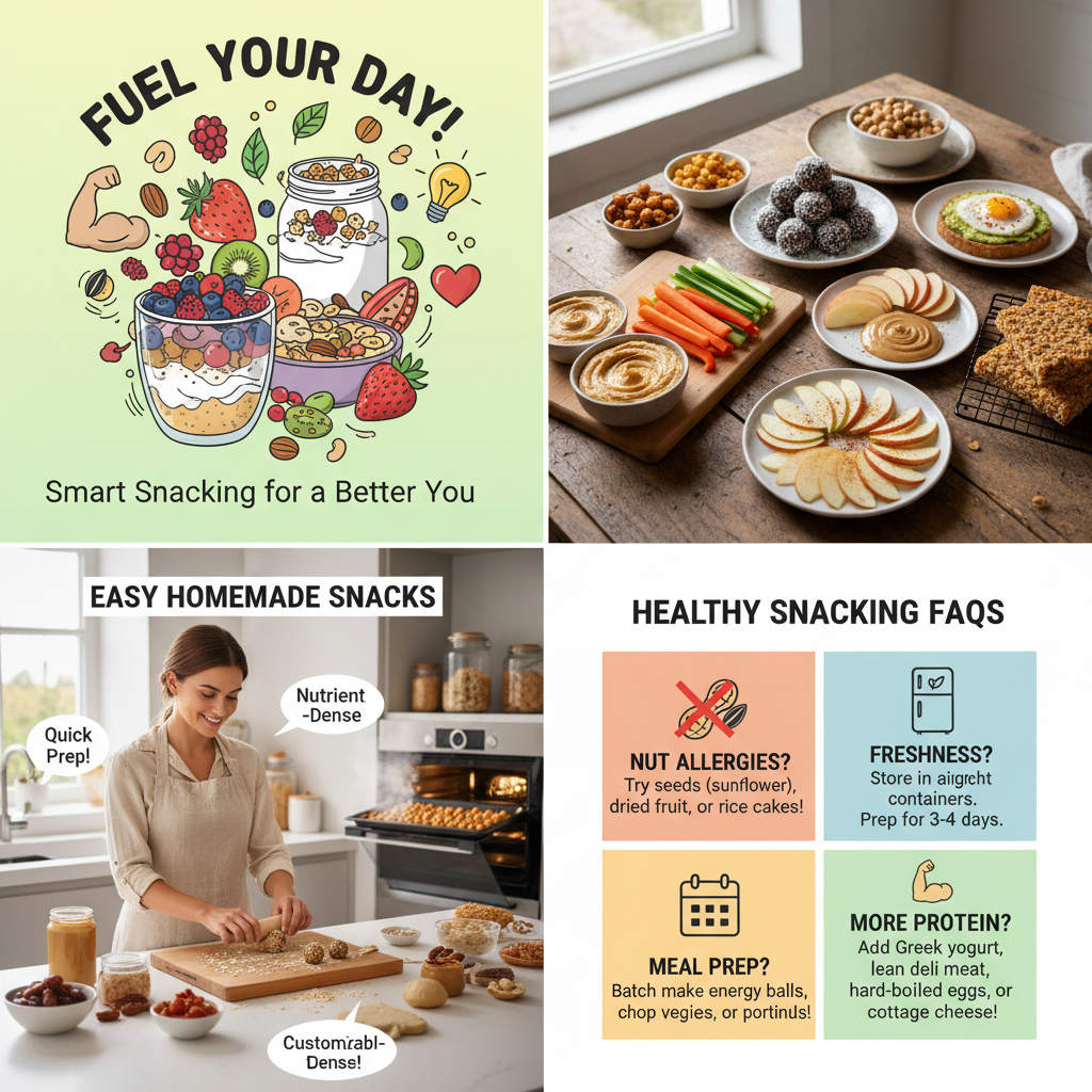 An infographic-style illustration addressing common healthy snacking FAQs, such as alternatives for nut allergies, freshness tips, meal prep convenience, and ways to add more protein to snacks, using friendly icons and simple visual explanations.