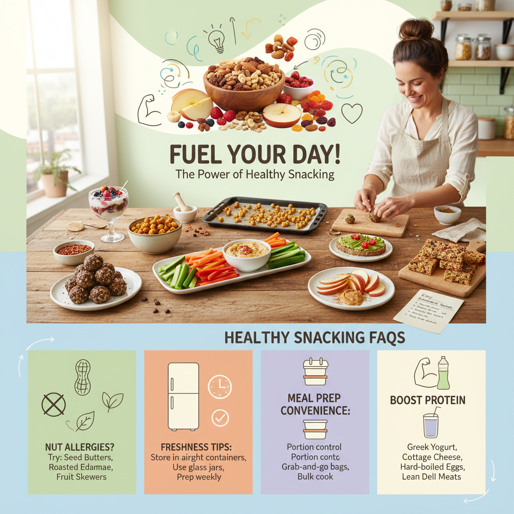 A cozy and inviting kitchen scene showing someone preparing healthy snacks, like making energy balls or roasting chickpeas, emphasizing easy and nutritious homemade snack preparation tips.
