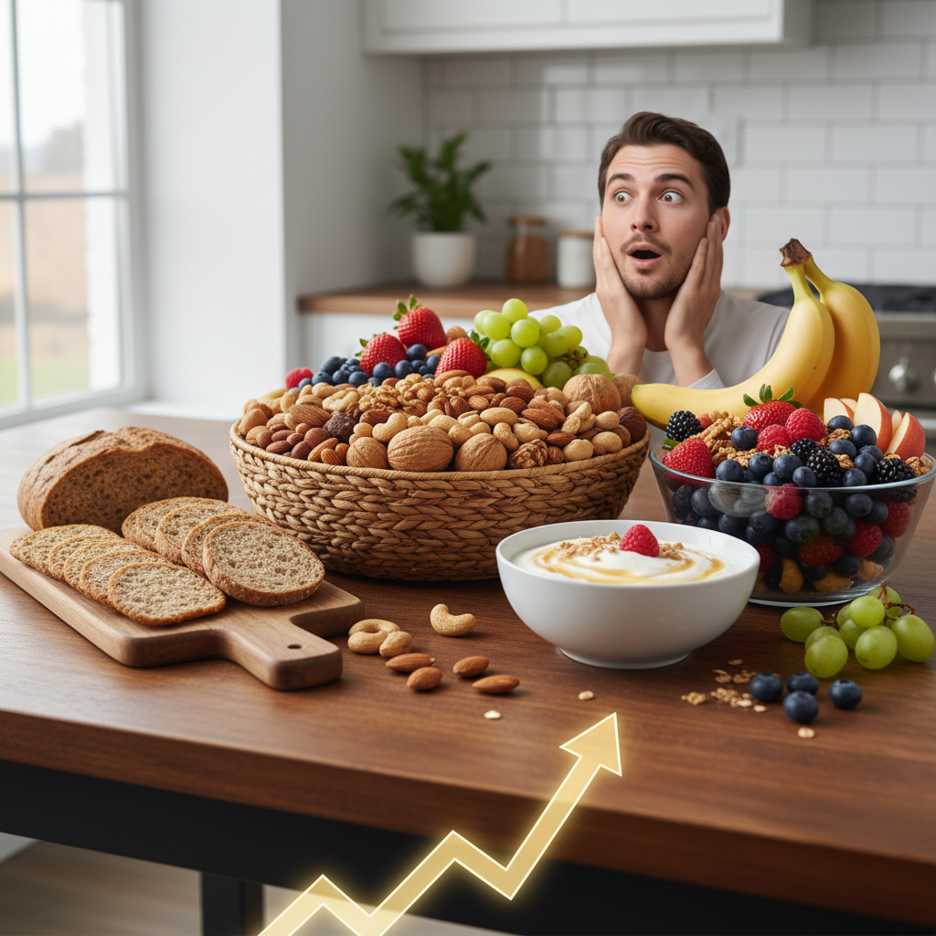 Colorful and appetizing images of top healthy snacks to boost energy: nuts and seeds, fresh fruits, Greek yogurt with berries and granola, and veggie sticks with hummus