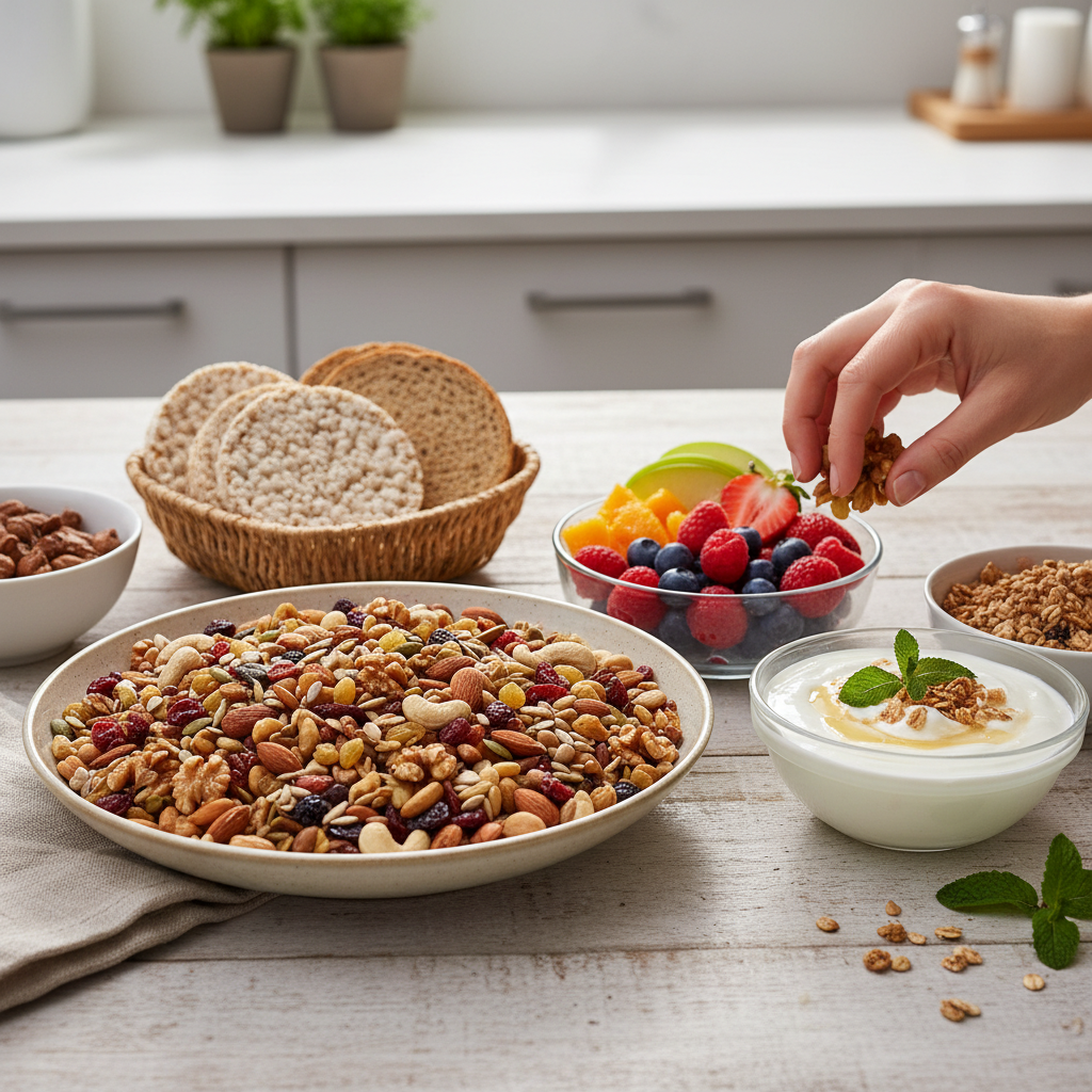 Infographic featuring author's tips for staying energized with snacks including combining protein, fiber, and carbs, prepping snacks, avoiding added sugars, and snack timing