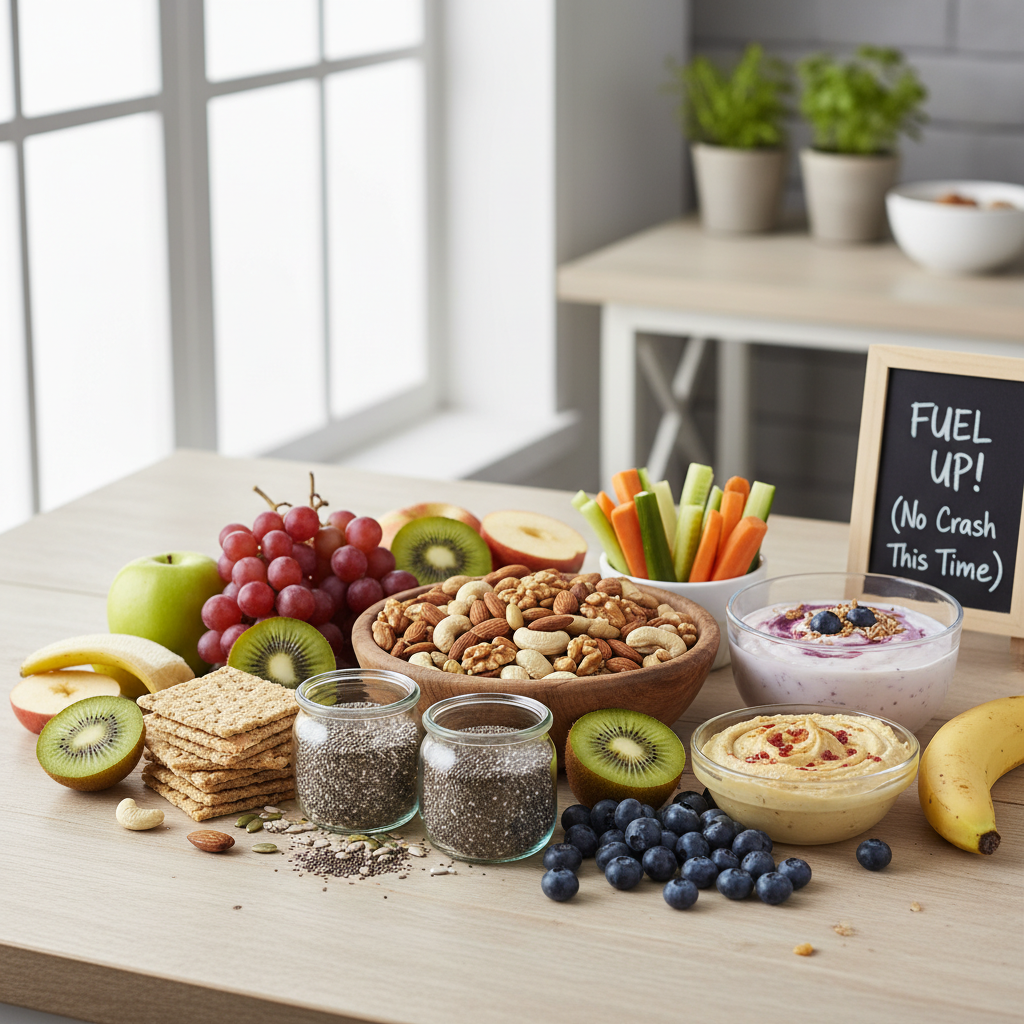 Visual comparison showing sugary snacks cause energy spikes and crashes versus healthy snacks providing steady energy