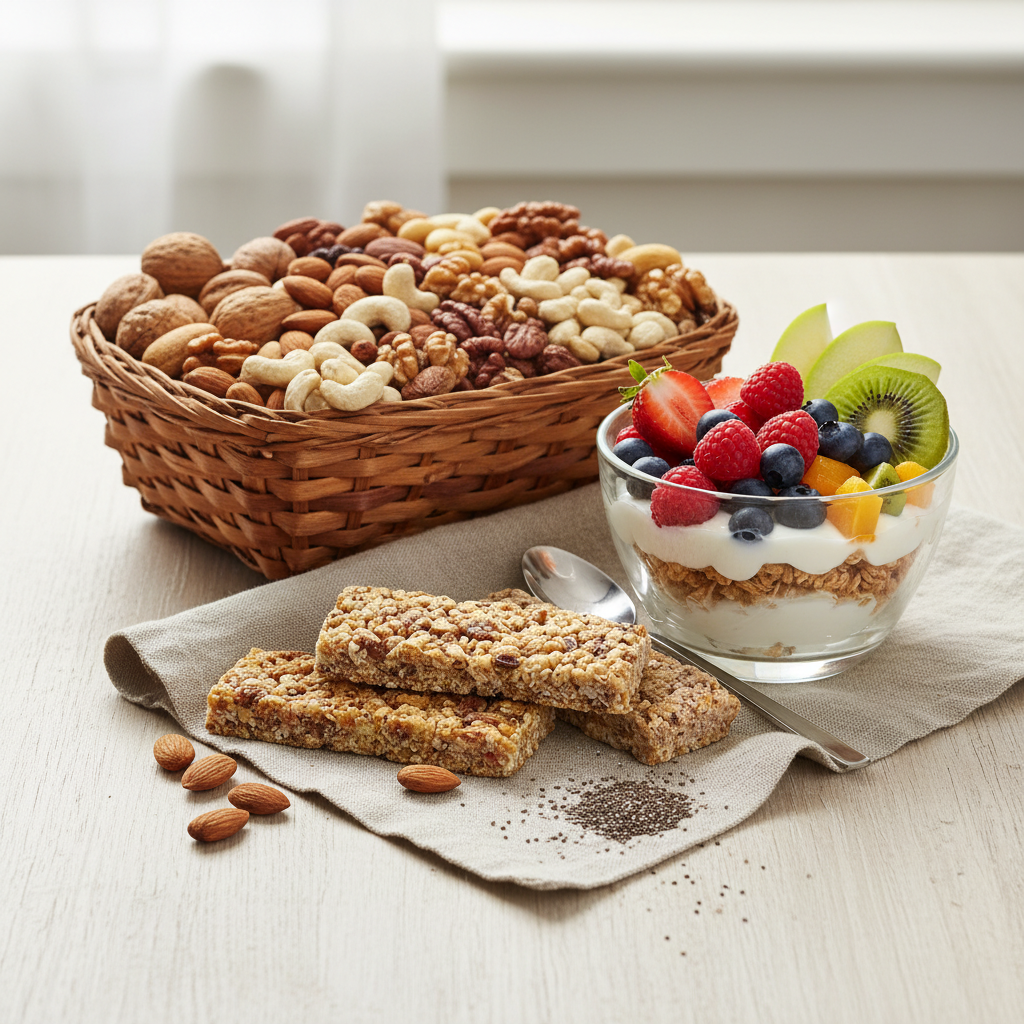 Illustration of a variety of healthy energy snacks such as nuts, fruits, yogurt, and whole grains arranged appealingly on a table symbolizing nutrition and sustained energy
