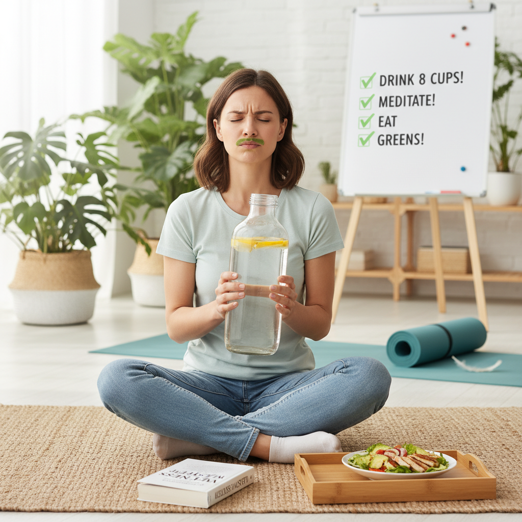 A serene and inspiring image of a person starting their wellness journey, featuring elements like hydration, mindfulness, and nutritious meals, symbolizing a healthy, balanced life.