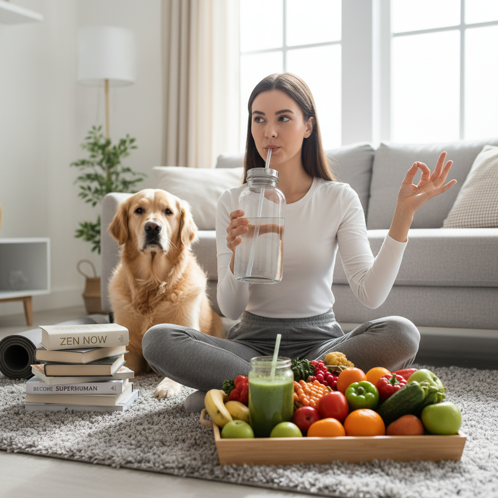 A personal and warm portrayal of someone embracing wholeness and balance in their wellness journey, with a calm and nurturing atmosphere similar to comforting a toddler learning to walk.