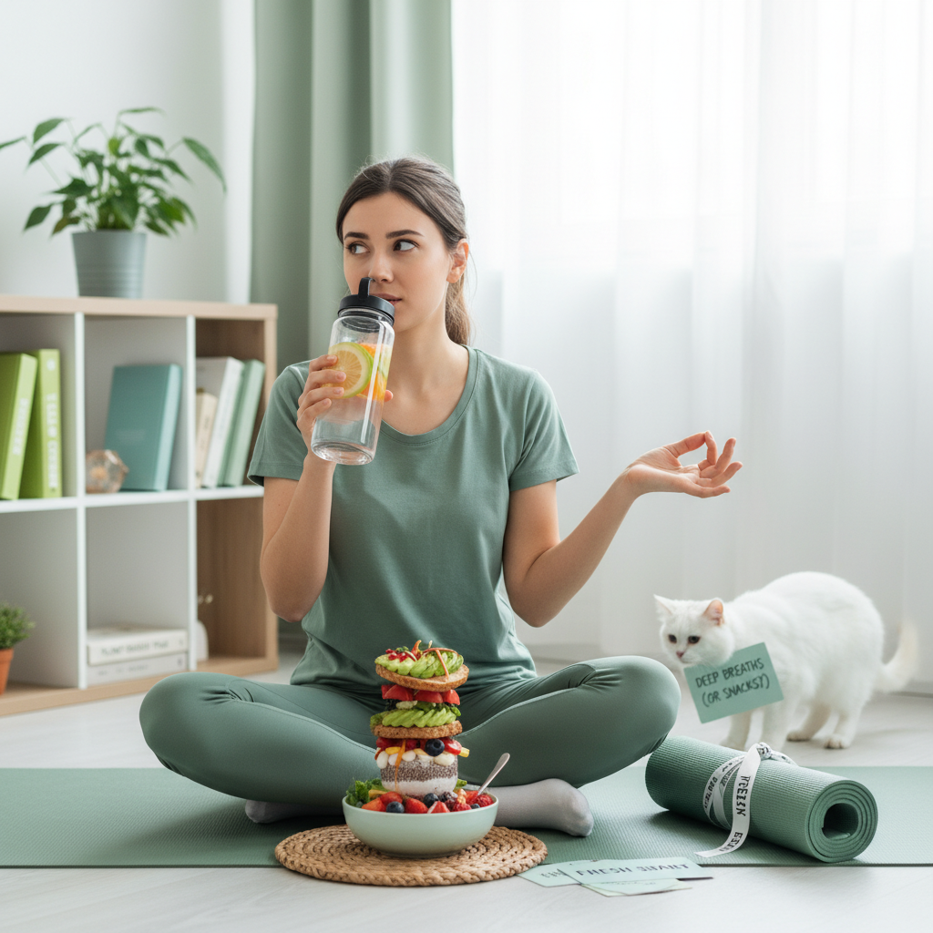 A motivating and supportive scene depicting diverse people engaging in various wellness activities such as meditation, yoga, journaling, and community support, emphasizing small consistent habits.