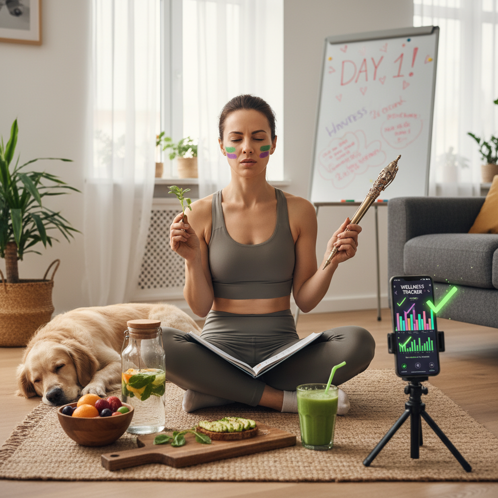 An illustrative graphic representing a holistic wellness journey focusing on mind, body, emotions, and spirit, showing balance, resilience, and guilt-free enjoyment of life.