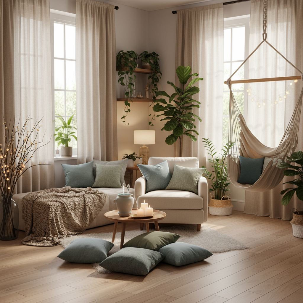 A calming interior decorated with a soothing color palette including soft blues, gentle greens, warm beiges, and crisp whites, accented with natural elements like indoor plants, wooden accents, and a small water feature.