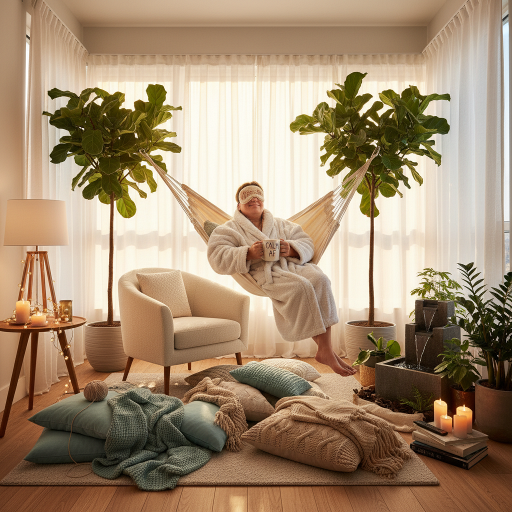 A warm and inviting lighting setup featuring layered soft lighting like candles, fairy lights, table lamps, and natural daylight, creating a tranquil ambiance perfect for unwinding.