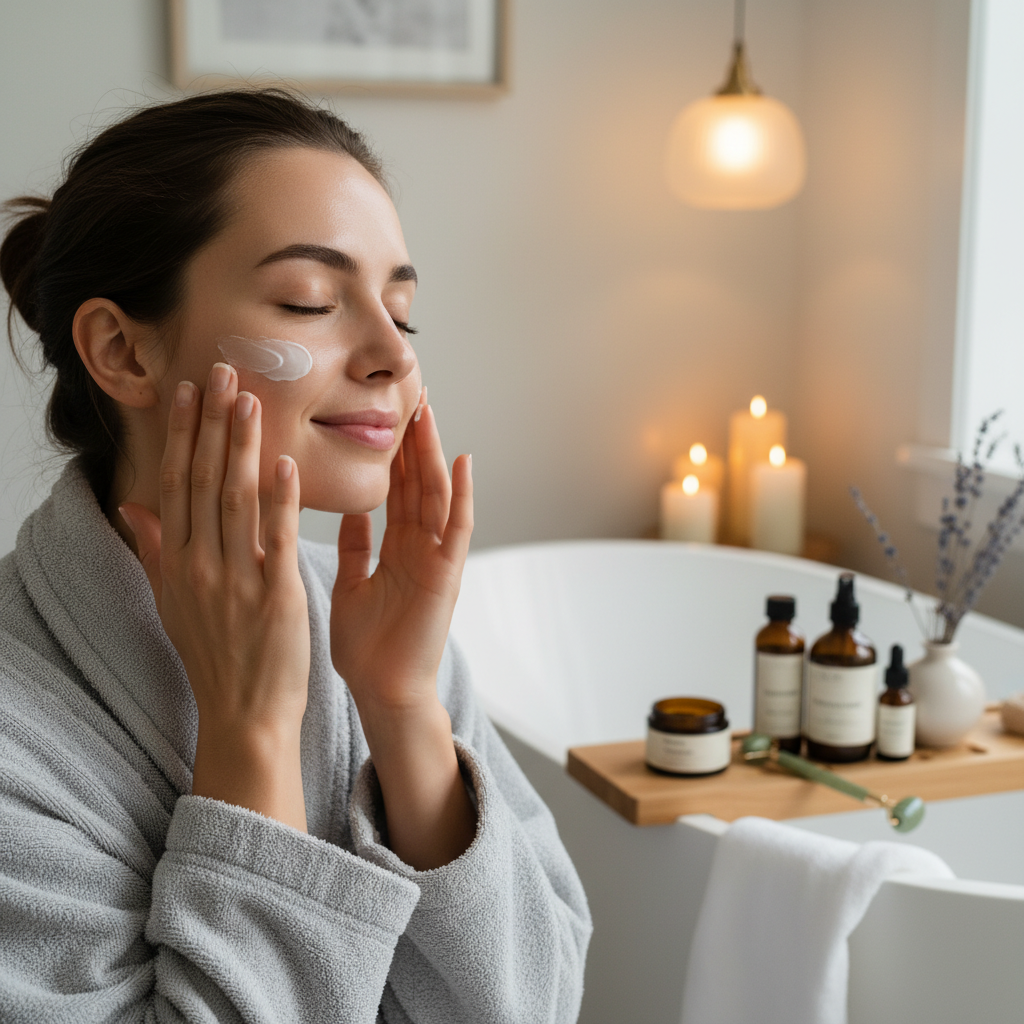 A calming nighttime scene showing a person gently applying natural plant-based skincare products to their face to illustrate the concept of a soothing natural skincare routine for self care night.