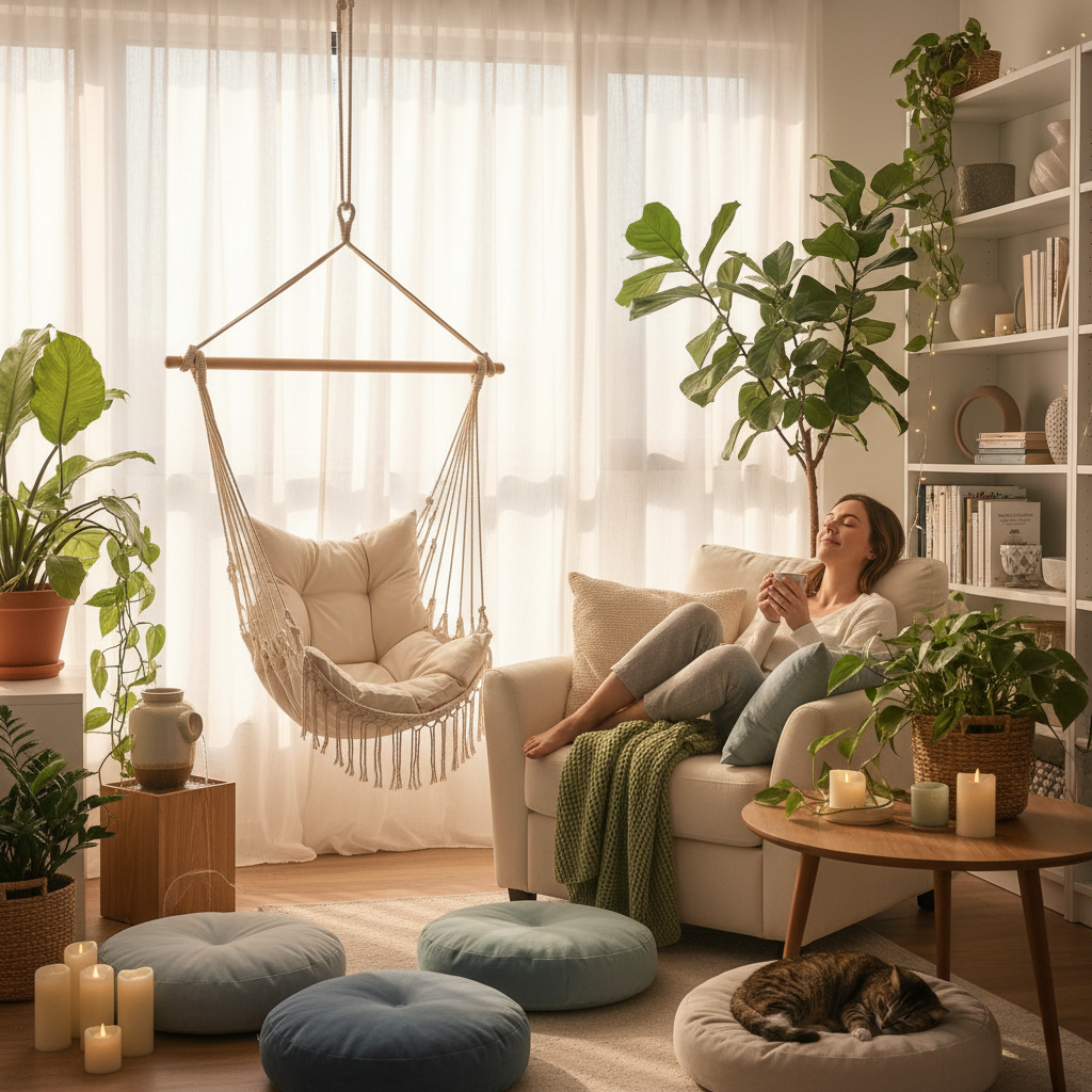 A serene and cozy relaxation zone showcasing a quiet, low-traffic corner with natural sunlight streaming through a window, surrounded by plants and soft curtains, illustrating the ideal location for relaxation.
