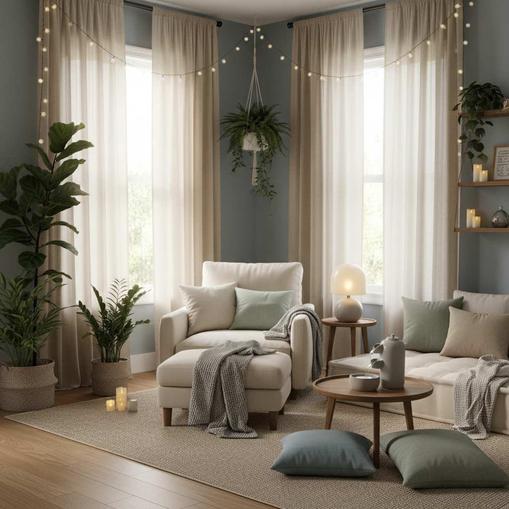 A variety of comfortable seating options such as plush armchairs, daybeds, hammocks, and soft floor cushions with blankets and pillows, set in a peaceful room or outdoor space.