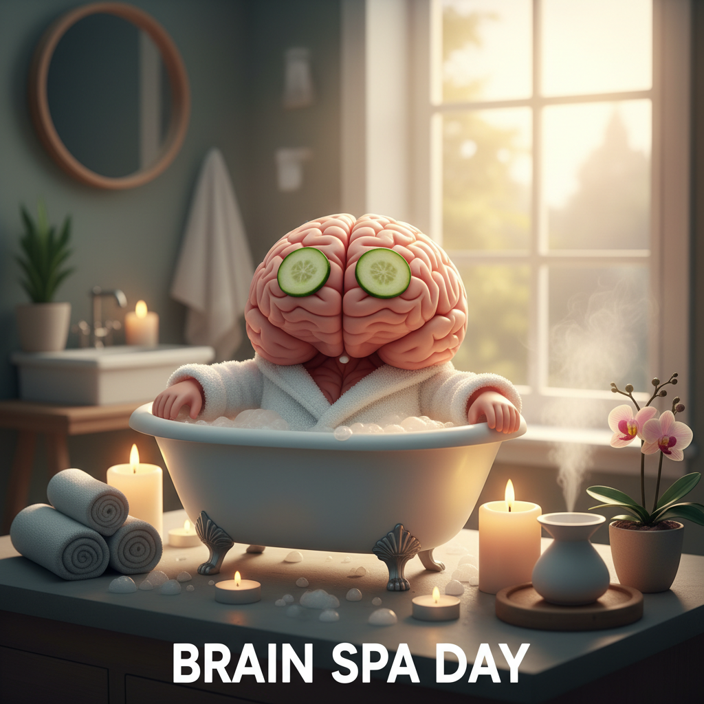 Illustration of a brain enjoying a spa day with calming elements like soft towels, candles, and gentle light, symbolizing natural anxiety relief.