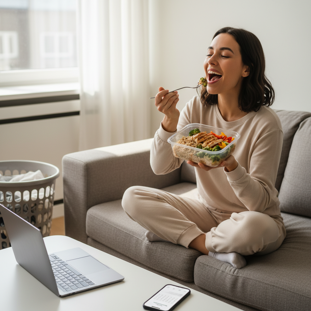 Photo or illustration of batch cooking staple ingredients: grilled chicken breasts, cooked grains like quinoa, and roasted colorful vegetables arranged in meal prep containers.