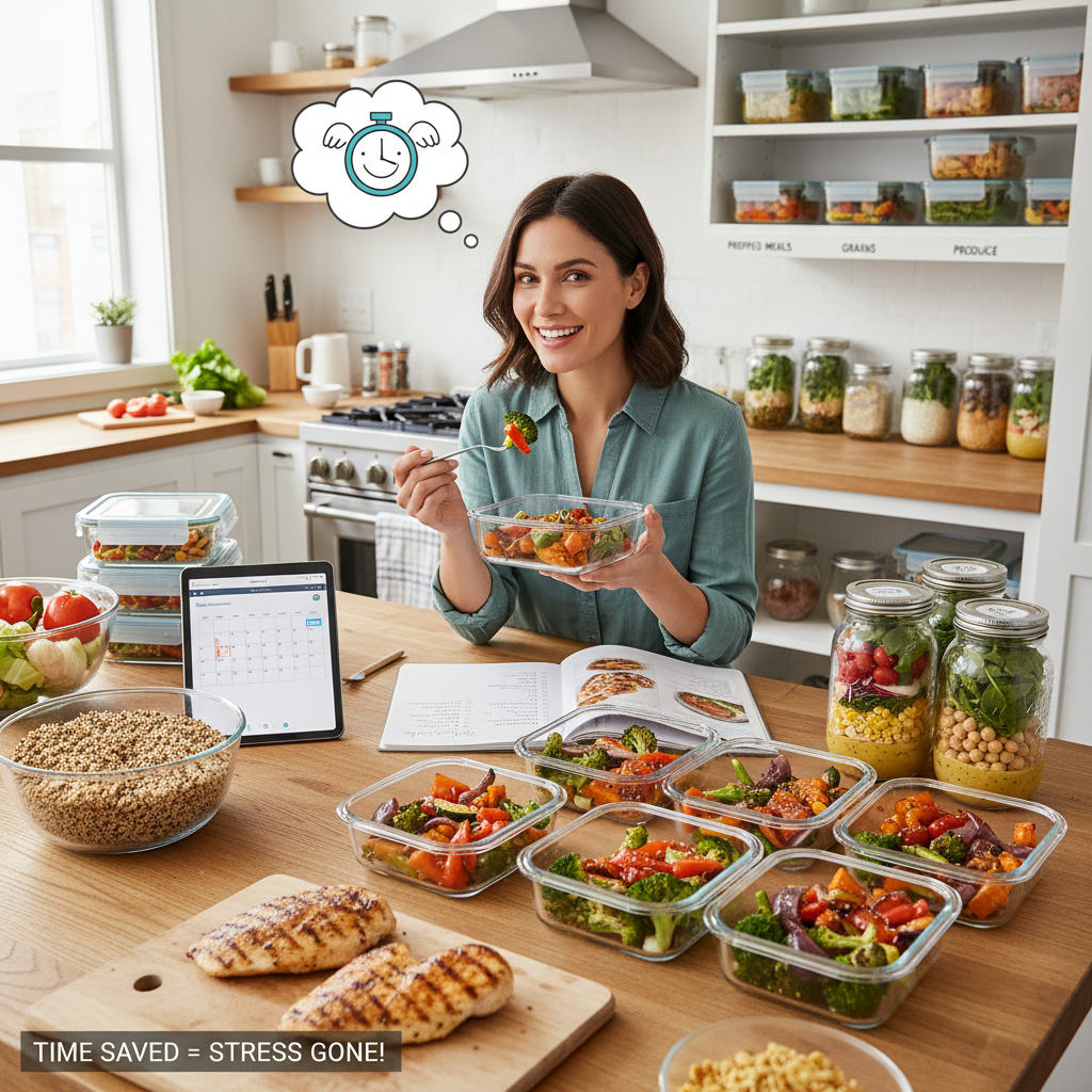Illustration showing a busy person happily enjoying a ready-made healthy meal at home, highlighting the benefits of meal prepping such as saving time and reducing stress.