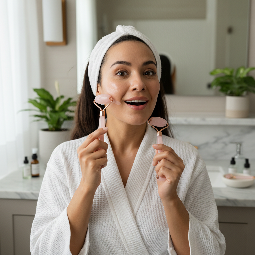 Close-up image of a hand holding a beautiful face roller made from natural stones like jade or rose quartz, showcasing the tool’s texture and elegance.