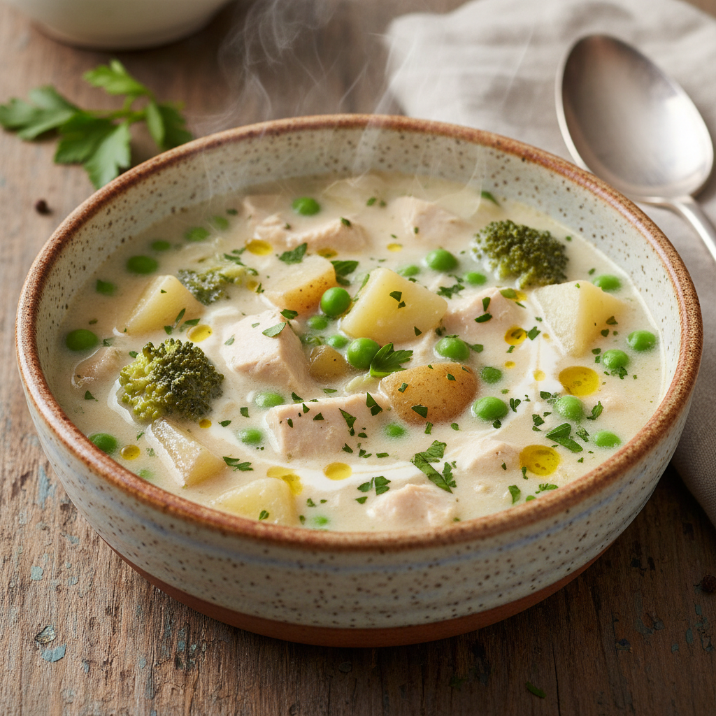 Creamy chicken and vegetable soup in a bowl