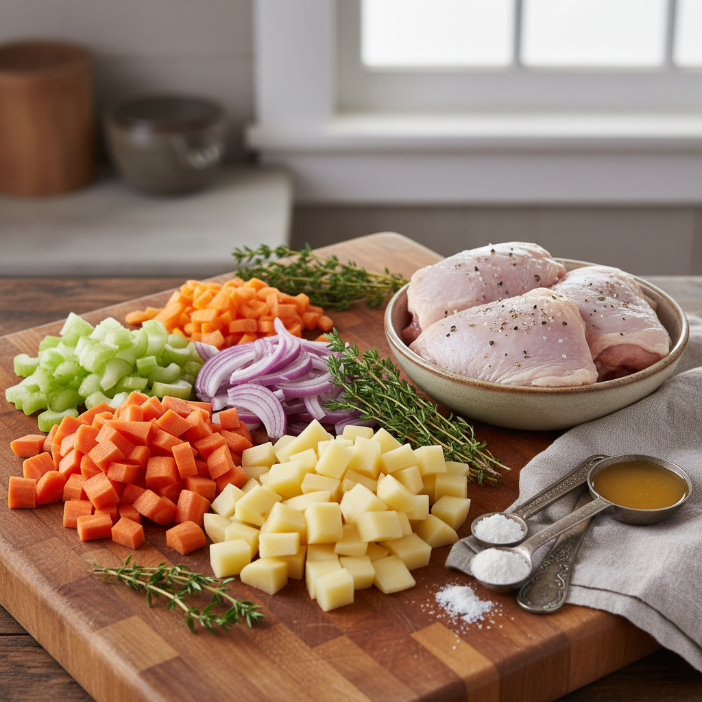 Ingredients for creamy chicken and vegetable soup