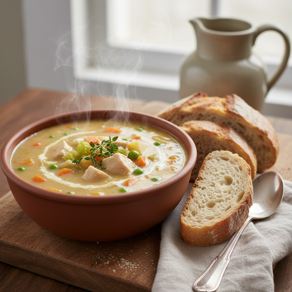 Creamy chicken vegetable soup with herbs and seasoning