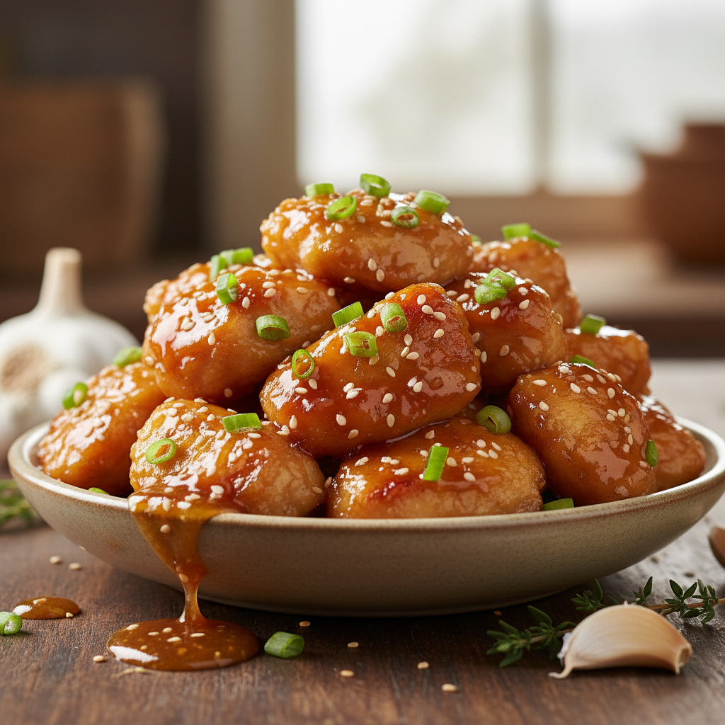 Honey garlic chicken cooking in pan