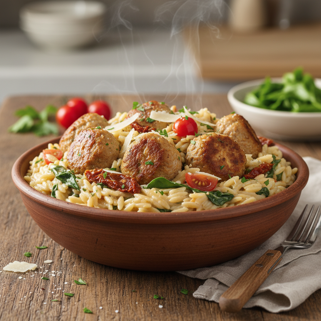 Creamy Tuscan Orzo with Turkey Meatballs