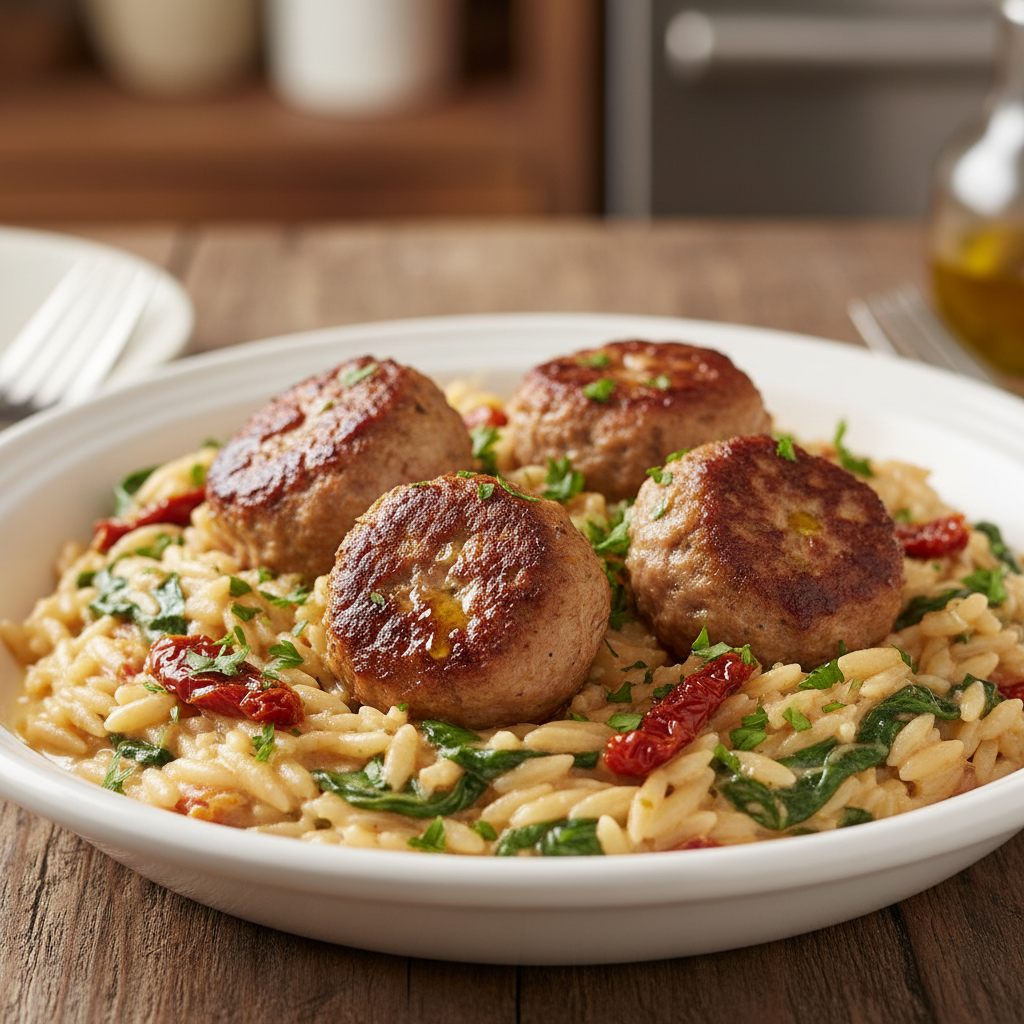 Instructions for Creamy Tuscan Orzo with Turkey Meatballs