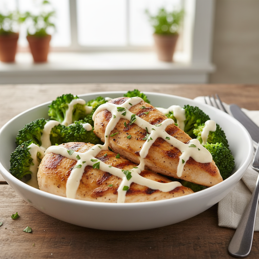 Grilled chicken and broccoli bowl with creamy garlic sauce