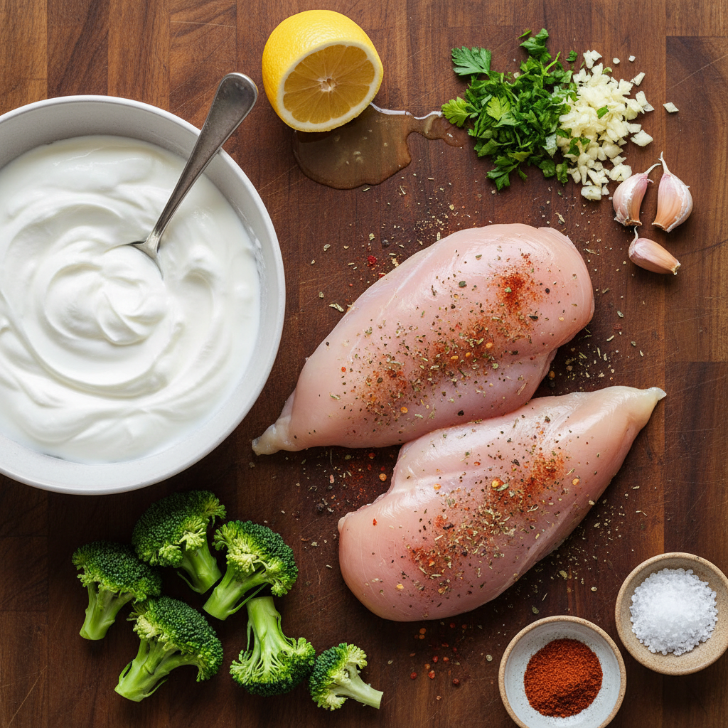 Ingredients for grilled chicken and broccoli bowl