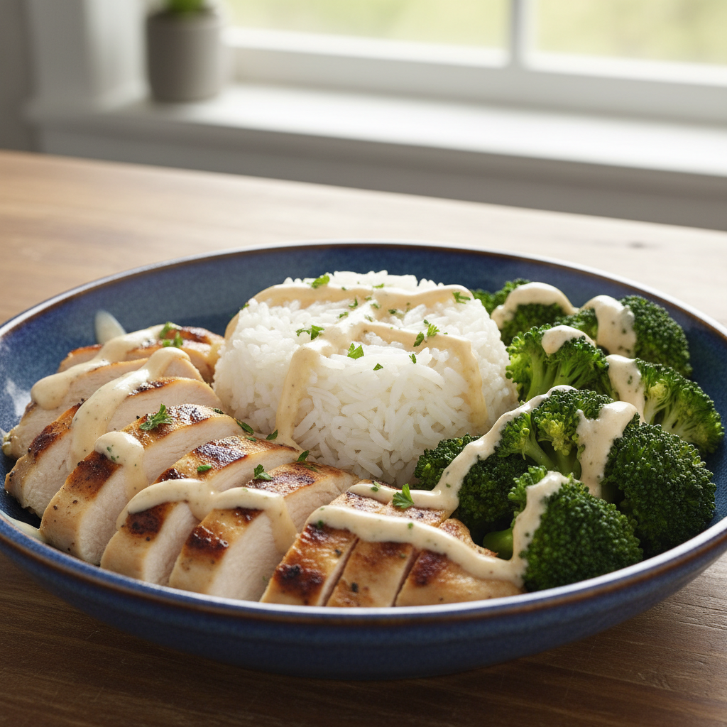 Serving grilled chicken and broccoli bowl with creamy garlic sauce
