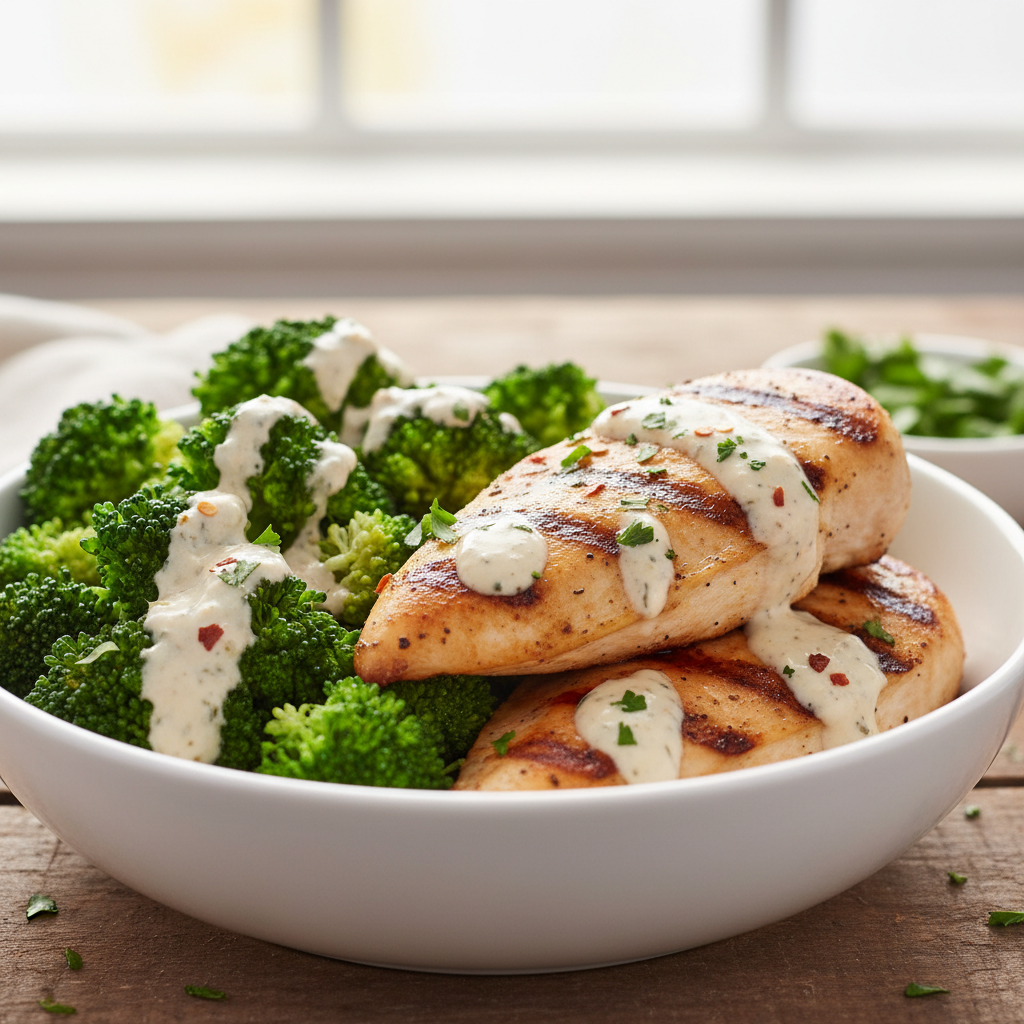 Grilled chicken and broccoli bowl with creamy garlic sauce