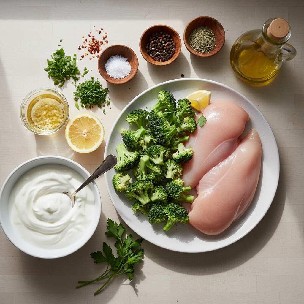 Ingredients for grilled chicken and broccoli bowl