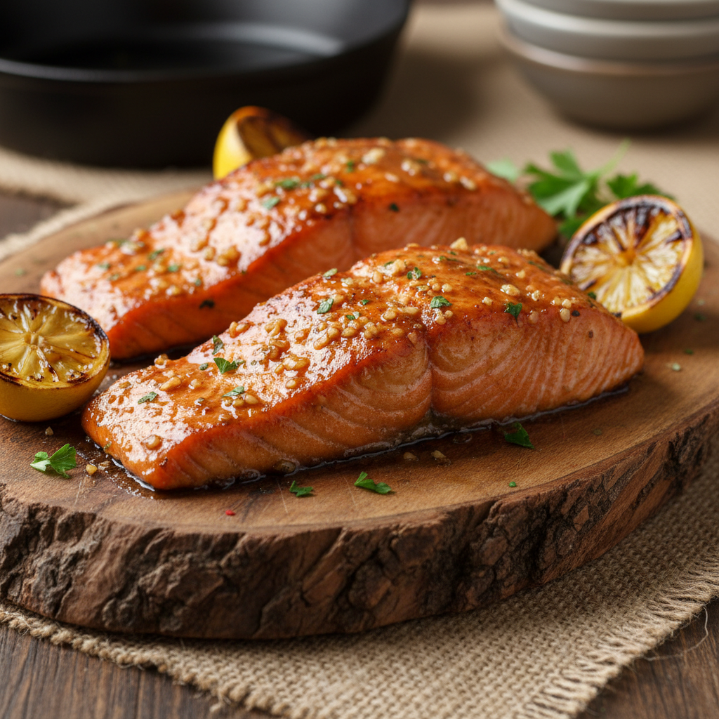 Honey Garlic Glazed Salmon plated on dish