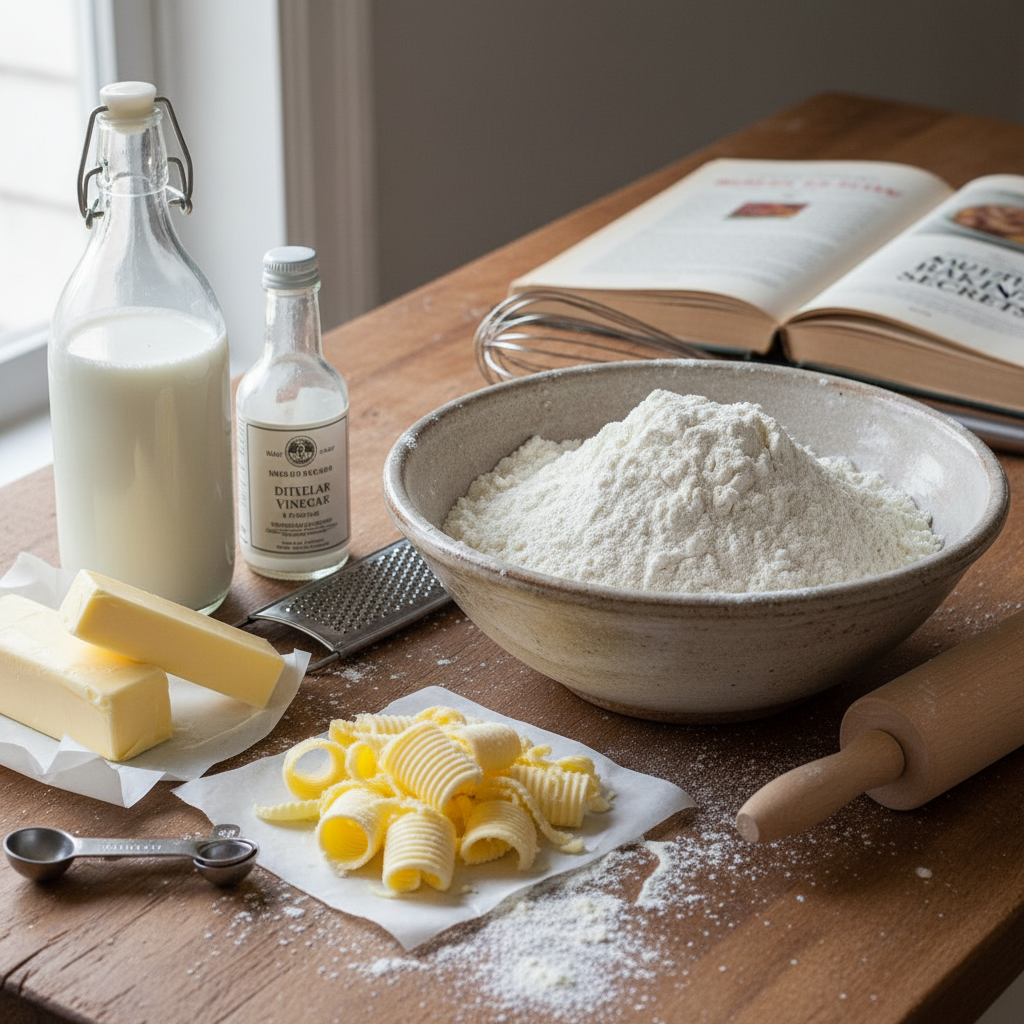 Ingredients jars and bowls for buttermilk biscuits